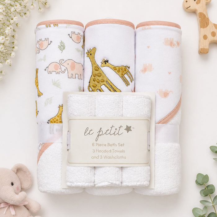 6 Pieces - Le Petit - Bath Towel Gift Set - Pink - Giraffe