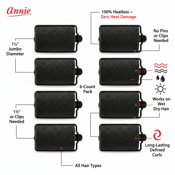 Annie Foam Hair Rollers 1 1/2 Inch Jumbo, 6 Count, Black