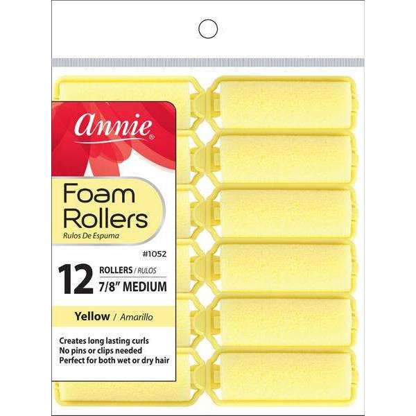 Annie Foam Hair Rollers 7/8 Inch Medium, 12 Count, Yellow