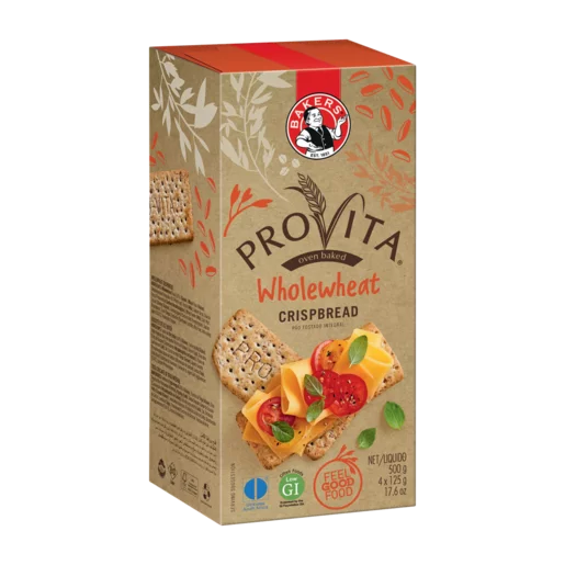 Rectangular cardboard box for Bakers Provita Wholewheat Crispbread featuring two square crackers topped with cheese and to...