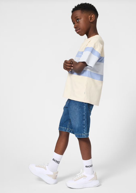 BOSS Boys Ivory & Blue Cotton Piqué Colorblock T-Shirt
