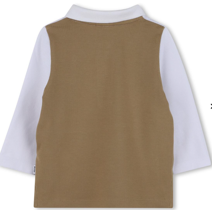 BOSS Boys White & Brown Piqué Long-Sleeved Polo Shirt