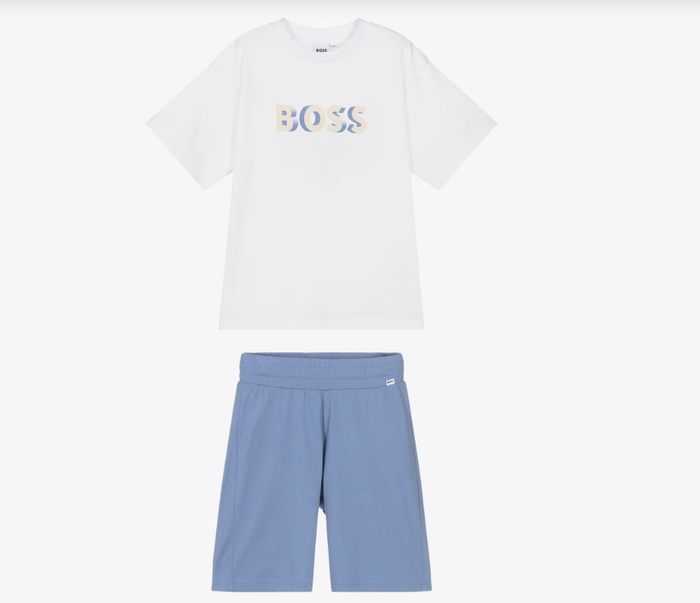 BOSS Boys White Cotton Jersey Bermuda Shorts Set with Logo
