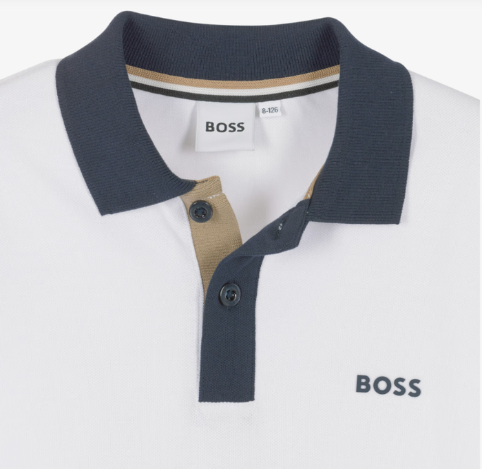 BOSS Boys White Cotton Polo Shirt with Blue & Beige Trims