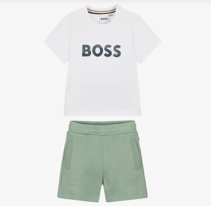 BOSS Boys White T-Shirt & Green Cotton Shorts Set