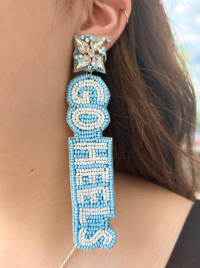 Carolina Blue Go Heels Beaded Earrings by Desden - Lifestyle View - Desden