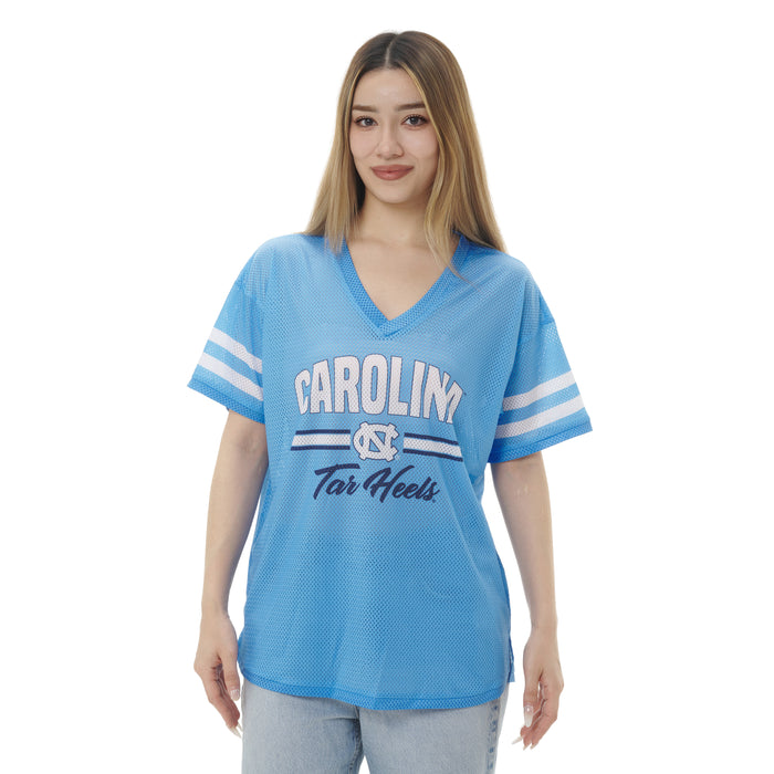 Carolina Tar Heels Women's Football Jersey V-Neck Top - Detail View - ZooZats