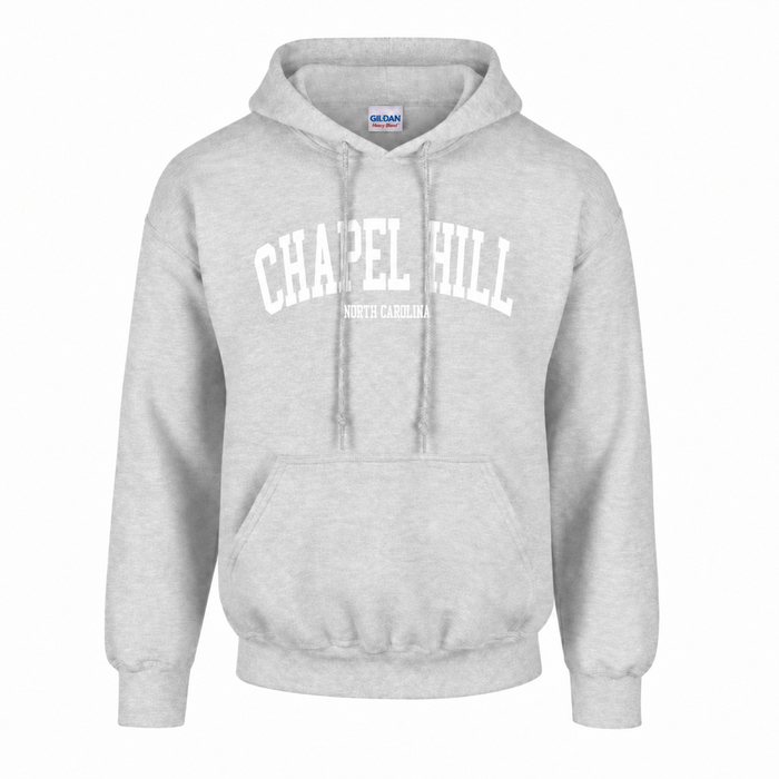 Chapel Hill North Carolina Adult Hoodie in Ash Grey with White Lettering - Main View - Shrunken Head