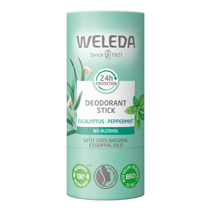 50g Weleda Deodorant Stick - Eucalyptus-Peppermint, natural solid deodorant in a cardboard tube.
