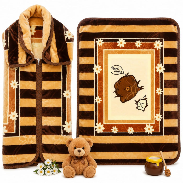 A fleece blanket set with a hooded zippered blanket and a matching square throw blanket, both in a brown and beige striped design with white daisy accents. The hooded blanket is shown on the left, and the square throw blanket is shown on the right with a
