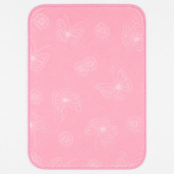 A pink rectangular mat with rounded corners, featuring a subtle white outline pattern of butterflies and flowers, shown against a plain white background.