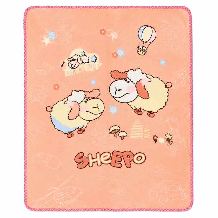 A square peach-colored blanket featuring a cute cartoon sheep design, a hot air balloon, stars, and the word 'SHEEPSO' printed at the bottom, finished with a pink stitched border.