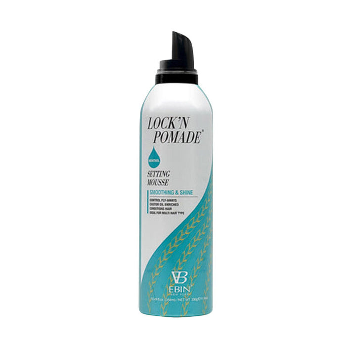 EBIN Lock N Pomade moisturizing setting mousse for hair in white teal can for smoothing and shine