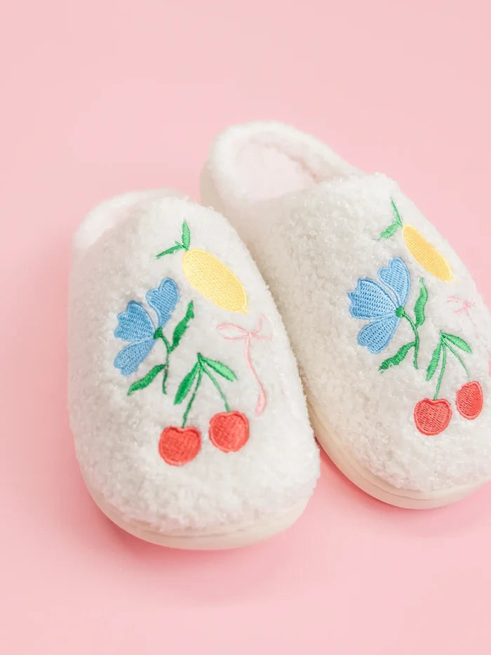 Fuzzy Plush Slippers with Fruit Cocktail Embroidery - Side View - Rock Paper Scissors