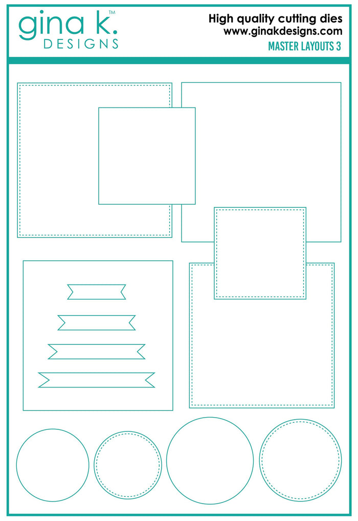 Gina K. Designs - Die - Masters Layouts 3. Master Layouts 3 is the third set in a series of card layout templates. These dies will help you cut perfect layers for front panels for A2 cards. Available at Embellish Away located in Bowmanville Ontario Canada.