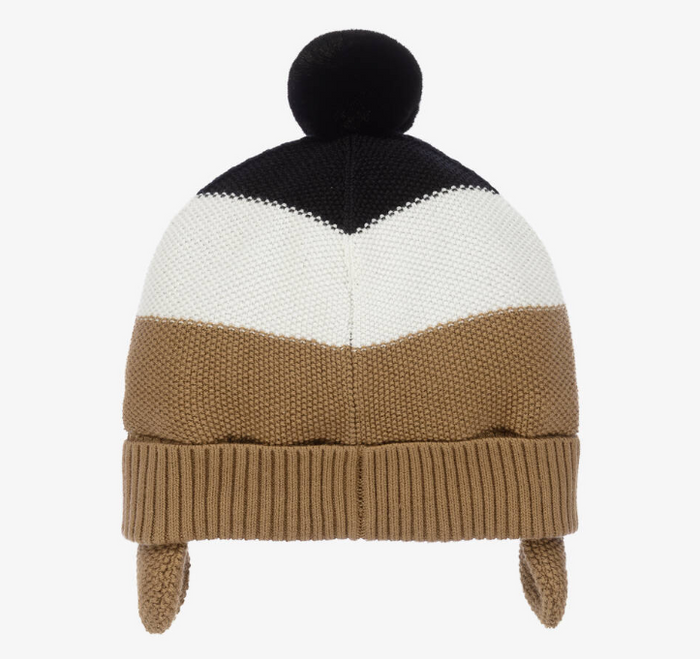 HUGO BOSS Boys Beige Striped Knit Pom-Pom Hat