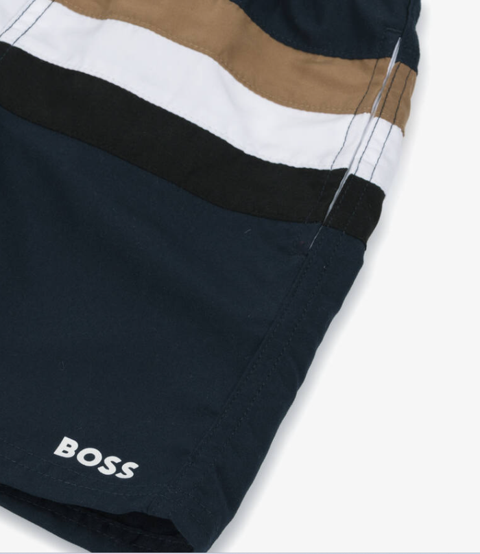 HUGO BOSS Boys Blue Tricolour Stripe Swim Shorts