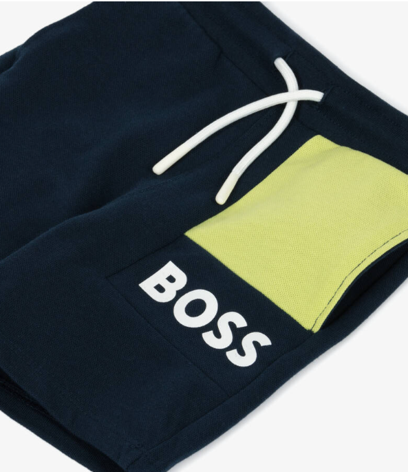 HUGO BOSS Boys Navy Blue Cotton Shorts With Green Pocket