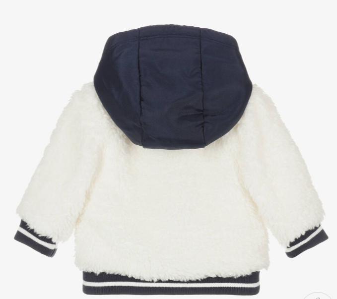 HUGO BOSS Boys Navy Blue & White Faux Fur Coat