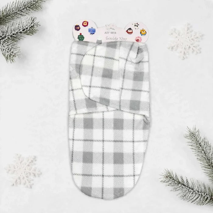 Imported Plush Fleece Newborn Adjustable Swaddle Wrap – Grey Check | Soft Infant Baby Wrap 19×13 Inches