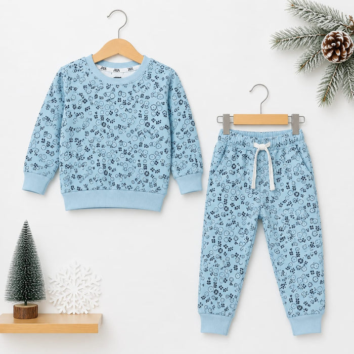 Kids Fleece Winter Suit Set Blue Flowers – 2 Piece Shirt & Trouser – 18 Months to 5 Years
