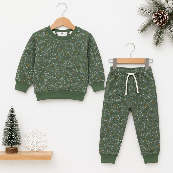 Kids Fleece Winter Suit Set Green Clouds – 2 Piece Shirt & Trouser – 18 Months to 5 Years