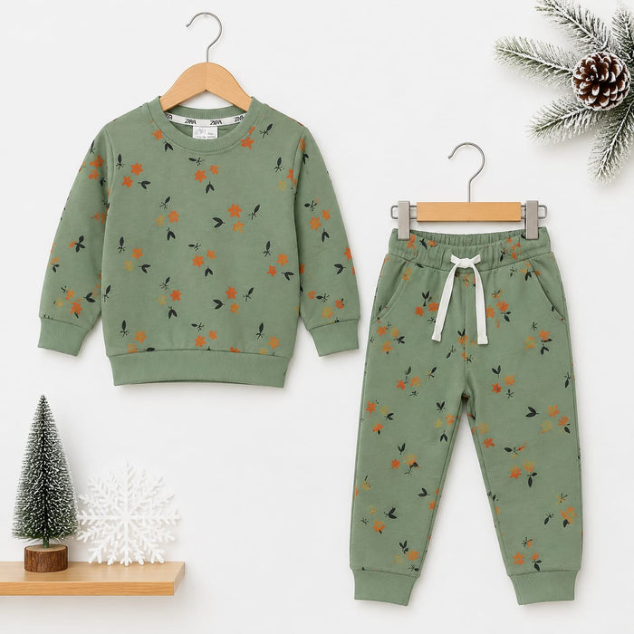 Kids Fleece Winter Suit Set Green Flowers Leaves – 2 Piece Shirt & Trouser – 18 Months to 5 Years