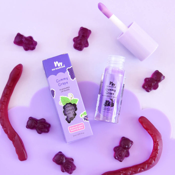 5ml tube of No Nasties Kids Natural Lip Gloss in Gummy Grape flavour, plant-based and naturally flavoured.