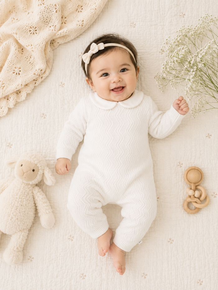 Baby girl wearing Milan Dove White Peter Pan Fancy Chevron Knit Baby Jumpsuit, Organic Cotton