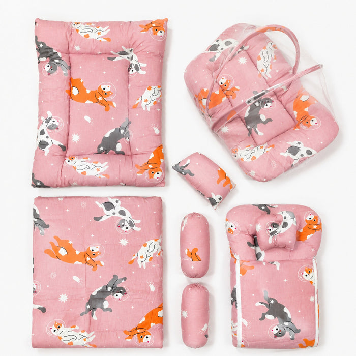 Newborn Cotton Bedding Set - 8 Pieces - Cat - Pink