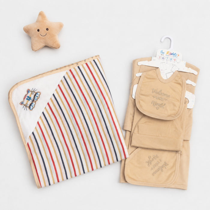 Baby gift set on a white background featuring a striped muslin towel, a tan fleece burp cloth set with embroidered text, and a small plush star toy.