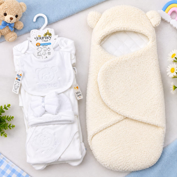 Newborn Welcome Bundle - Velvet White Bear Starter Set & Fur Swaddling Blanket Round