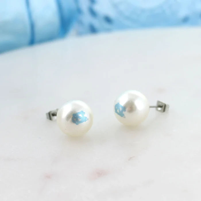 North Carolina Logo Pearl Stud Earrings - Detail View - Seasons Jewelry