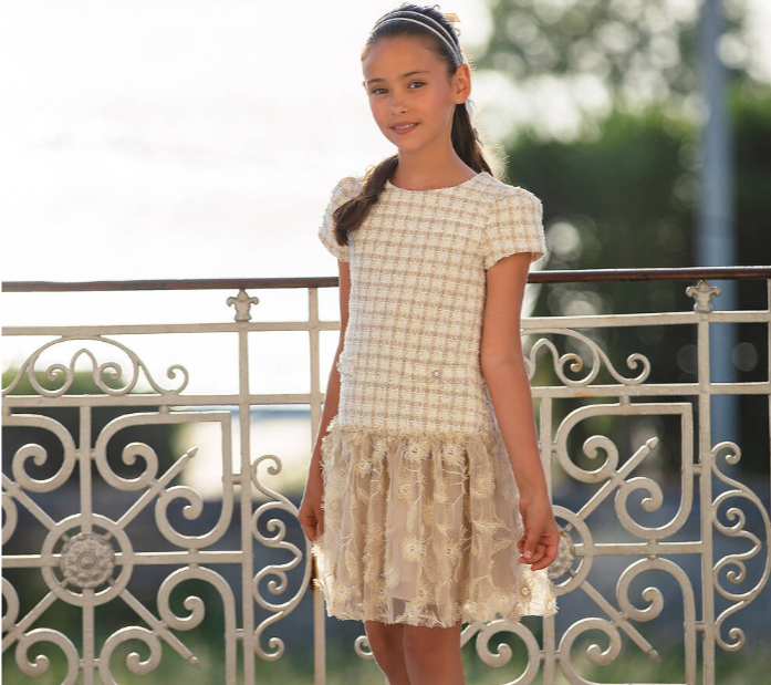 PATACHOU Girls Beige Check & Gold Floral Dress