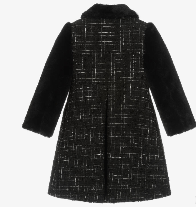 PATACHOU Girls Black Tweed & Faux Fur Coat