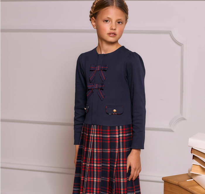 PATACHOU Girls Navy Blue Jersey & Tartan Flannel Dress