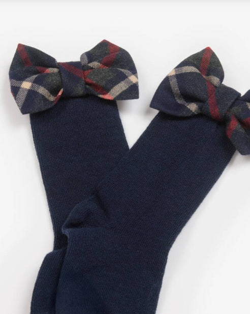 PATACHOU Girls Navy Blue Tartan Bow Cotton Socks