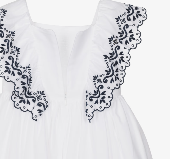 PATACHOU Girls White Cotton Dress with Navy Blue Embroidered Ruffles