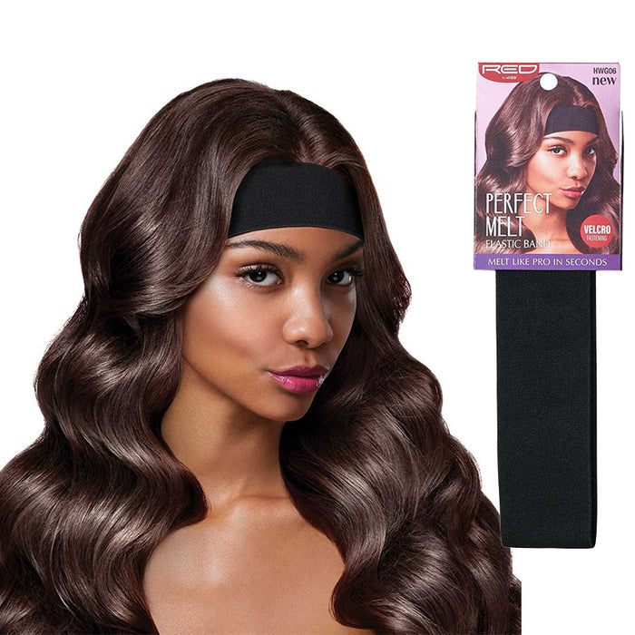 Red Beauty by Kiss lace frontal melt band worn by woman with long wavy hair for secure lace frontal application