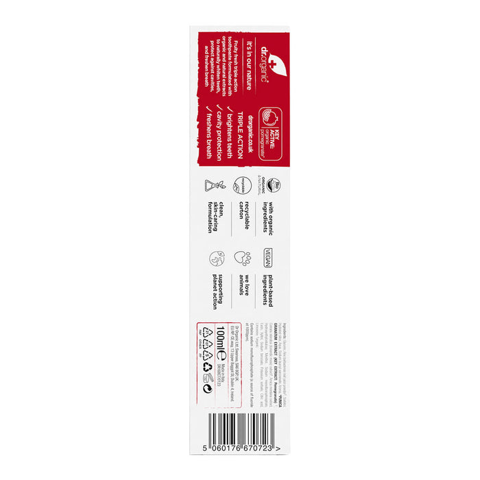 Back of 100ml box Dr. Organic Pomegranate Toothpaste, showing ingredients.