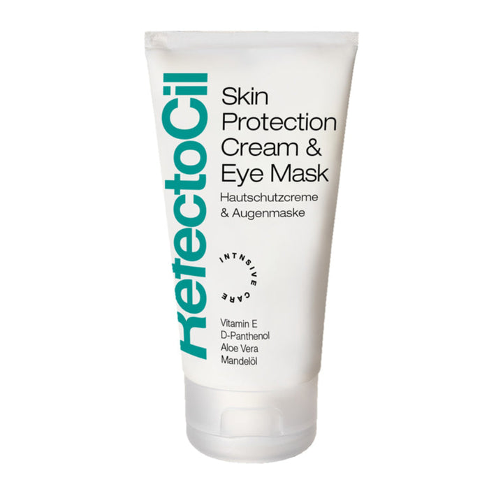 A tube of RefectoCil Skin Protection Cream & Eye Mask with white and green labeling.