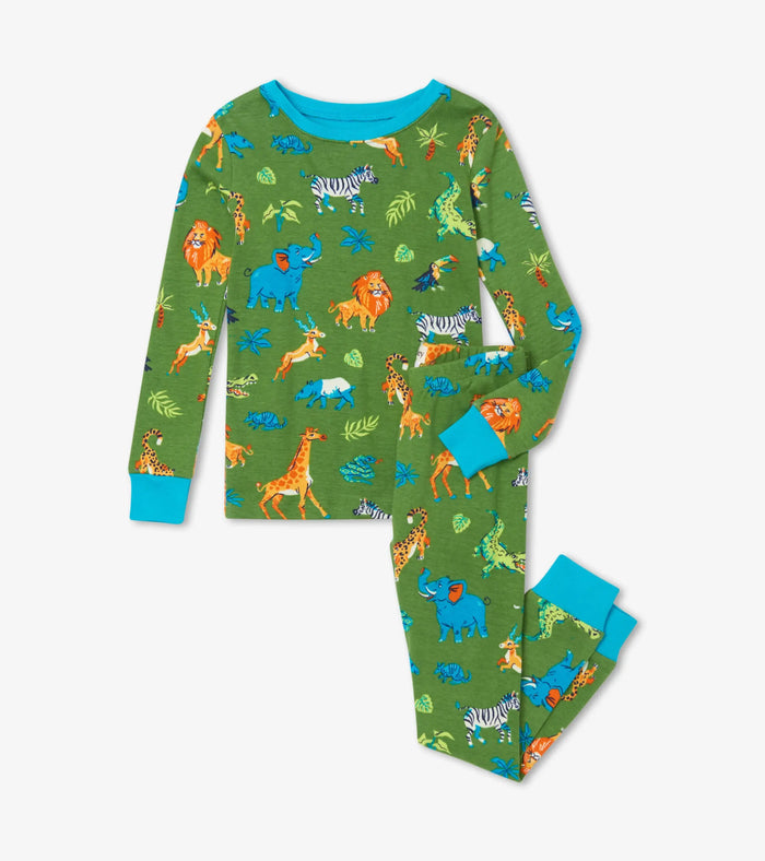 Hatley boys Safari Adventure organic cotton pajama set in Green/Blue with long sleeves and matching pants.