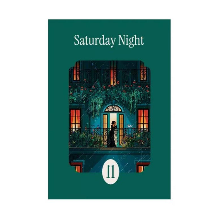 The la pauz Saturday Night | 99 Piece Jigsaw Puzzle features an illustrated card with two people on a balcony at night, surrounded by plants and the number 11—ideal for fans of unique, illustrated mini puzzles.