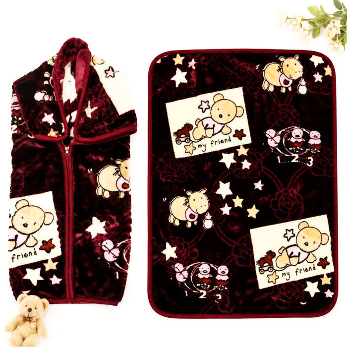 Single Ply Baby Zip Blanket – Maroon Bear | 39 × 31 Inches | Soft & Cozy Baby Blanket