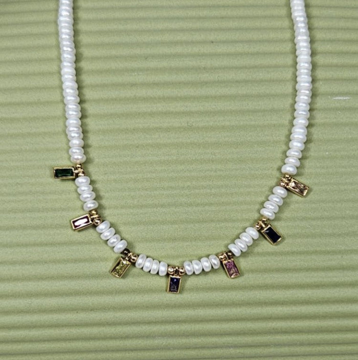 Small Baroque Freshwater Pearl Necklace with Crystal Baquette Coloured Stones