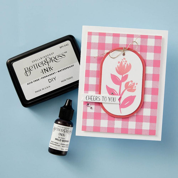 Spellbinders - BetterPress Ink Pad - Full Size - Blank. BetterPress DIY Ink Pad is a standard size DRY ink pad. It can be inked with the BetterPress Reinker to create a larger size ink pad to make multiple cards, or custom blend your own color. Available at Embellish Away located in Bowmanville Ontario Canada. Example by brand ambassador.