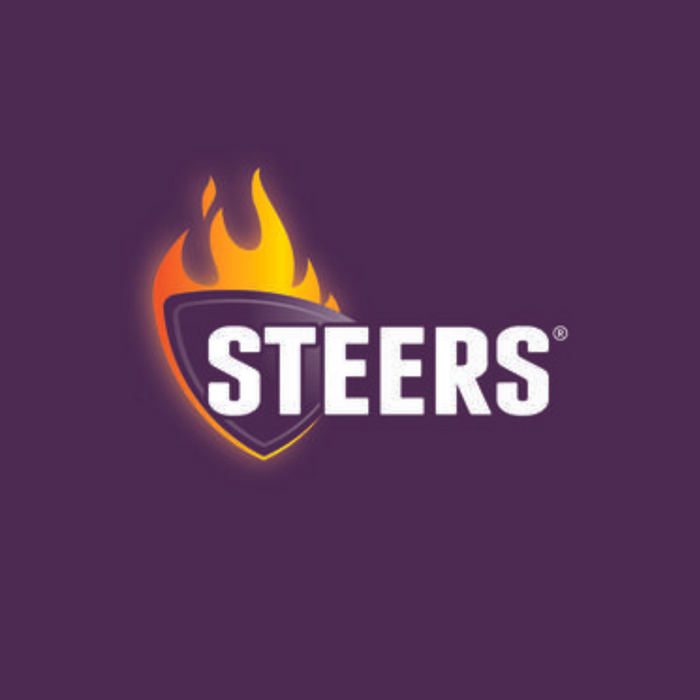 White STEERS logo next to a purple shield with orange and yellow flames on a dark purple background.
