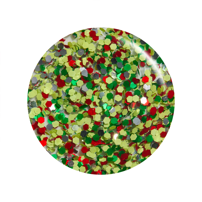 Tis the Season red, green and gold confetti glitter nail polish color swatch