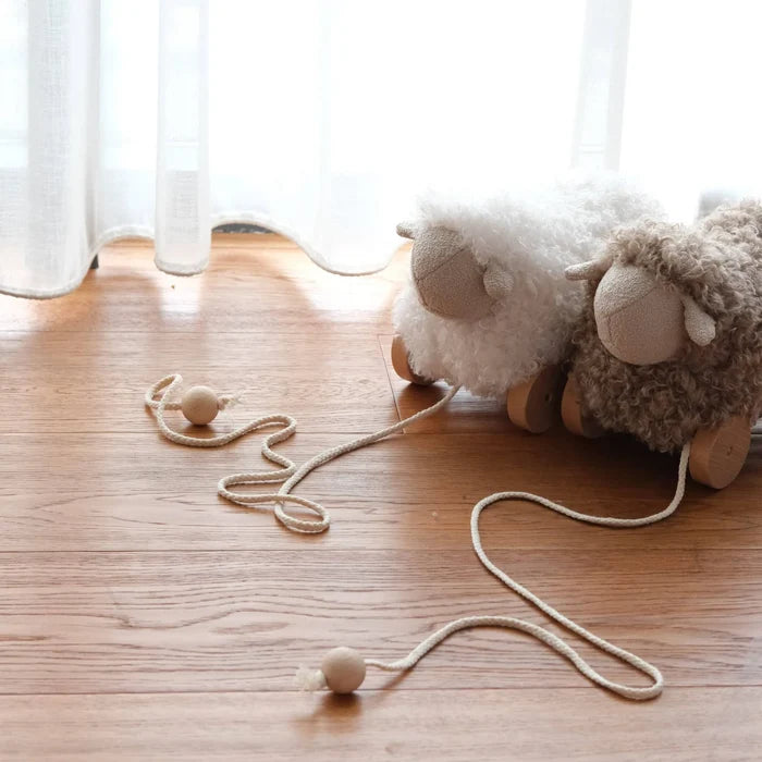 toy button pull along sheep - taupe