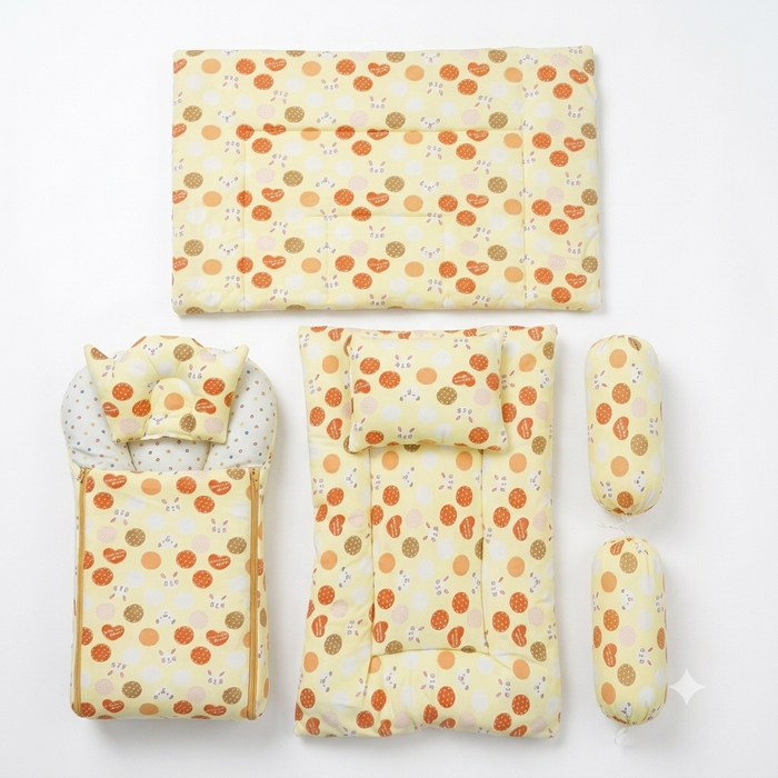 A baby bedding set laid out on a white background, featuring a changing pad, mattress cover, footmuff, and two cylindrical pillow covers, all in a pale yellow fabric with an orange and brown polka dot pattern.